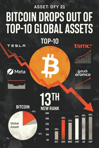 Bitcoin Drops Out of Global Top-10 Assets: Now Ranked #13 Behind Tesla & Meta