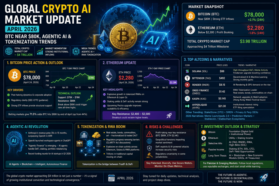 Global Crypto & AI Market Update April 2026: Bitcoin Nears $80K, Agentic AI Boom, and Tokenization Surge Drive $4T Crypto Milestone